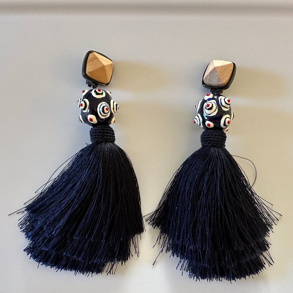 Tory Burch Multi-color Wood Ceramic Bead & Navy Blue Clip on's